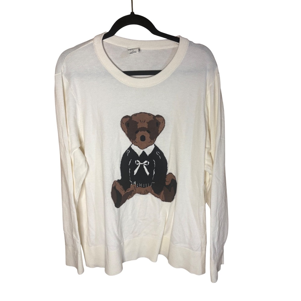 Nikka K Womens Ivory Teddy Bear Intarsia Knit Pullover Sweater 2X